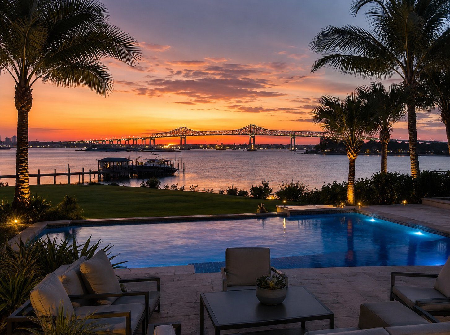 Downtown Jacksonville riverfront and the St. Johns River at sunset, Northeast Florida