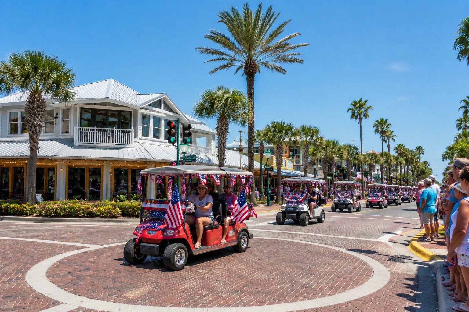 Golf carts on a palm-lined main street in a Northeast Florida beach town