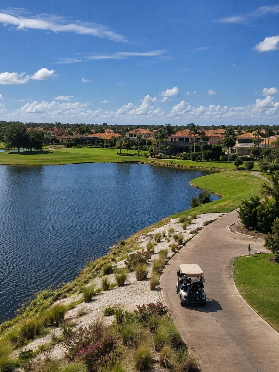 Lakefront golf course and Mediterranean-style homes in Palencia, St. Johns County, Florida