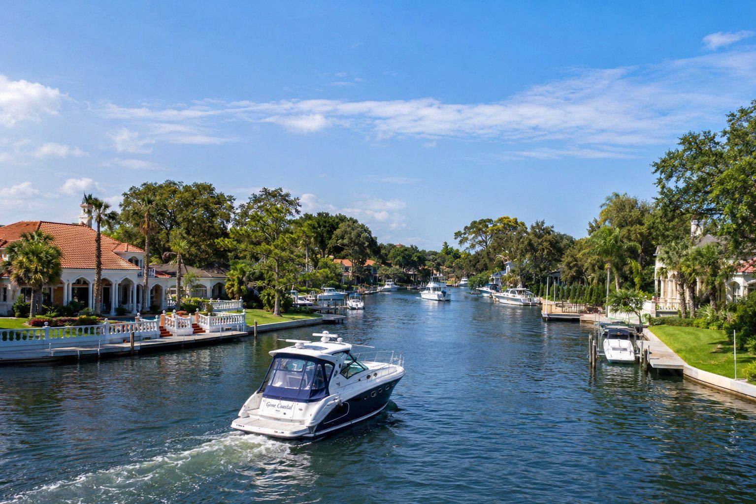 Boating the Sawgrass Intracoastal canals past luxury homes in Ponte Vedra Beach, Florida