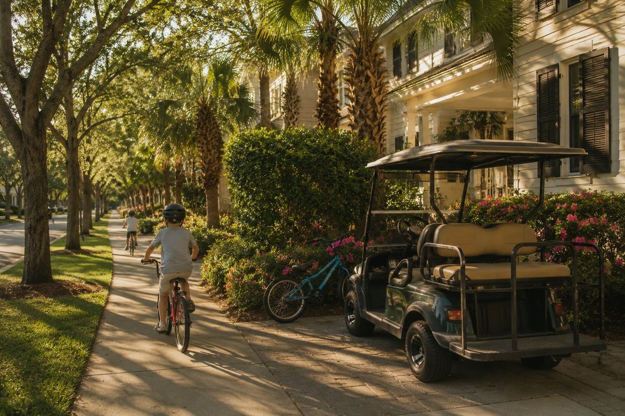 Kids biking and a parked golf cart on a tree-lined street