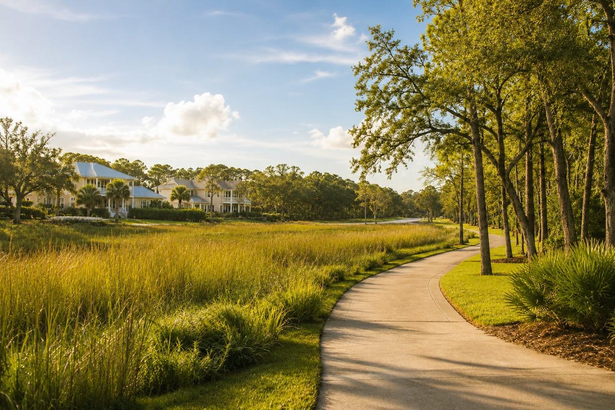 A greenway path winding past marsh grasses and homes on the First Coast